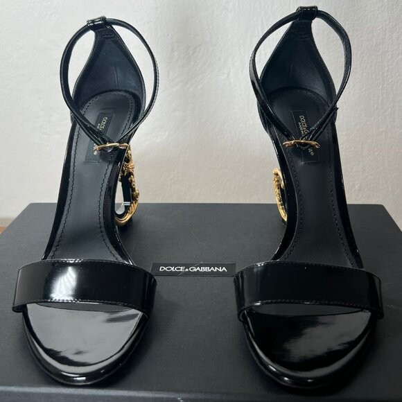 Dolce&Gabbana Black Gold Sculpted-Heel Baroque DG Patent Leather Sandals - Picture 10 of 14